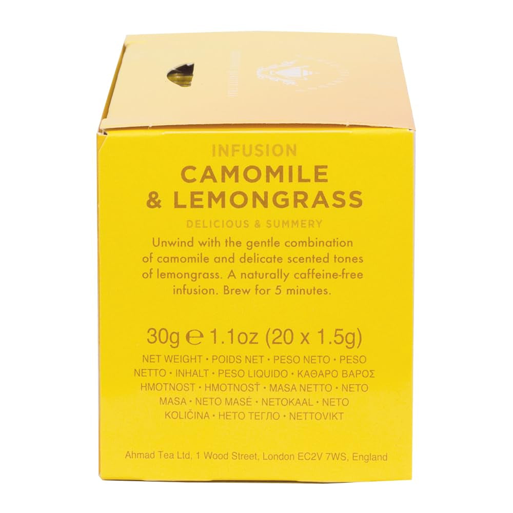 Ahmad Tea - Camomile &amp; Lemongrass - Ceai de fructe și plante fără cofeină - Mușețel și lemongrass - Pliculețe de ceai ambalate individual, sigilate pentru păstrarea aromelor, cu 2 g de ceai per porție - 20 pliculețe de ceai cu bandă