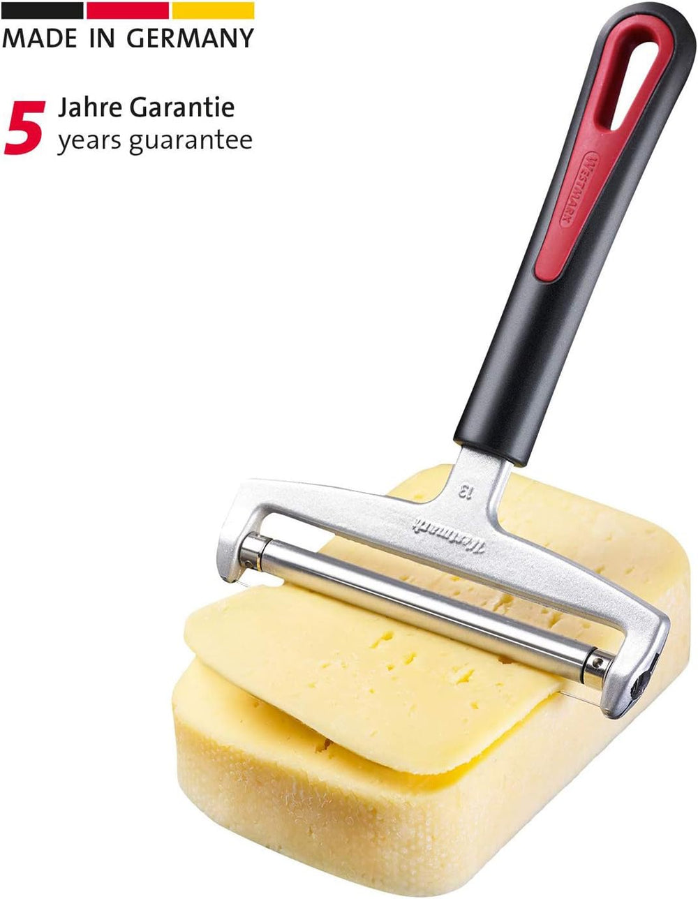 Westmark Käseschneider mit Rolle und auswechselbarem Schneiddraht, Variable Schnittstärke, Breite: 12 cm, Rostfreier Edelstahl/Alumínium/Kunststoff, Schwarz/Rot, 29272260, 17 x 12 x 2 cm