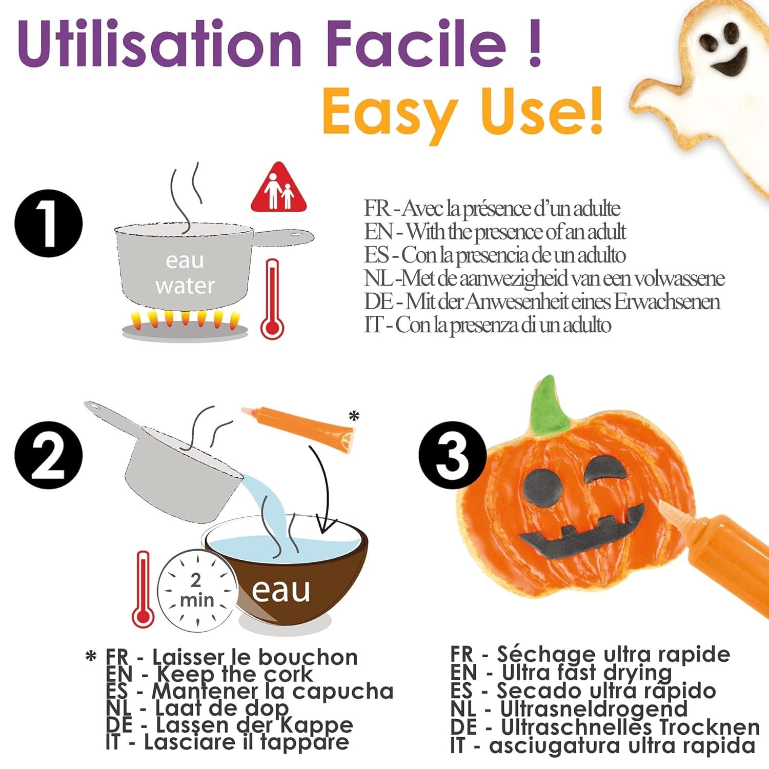 Scrapcooking - 4 halloween csokoládé toll készlet - fekete, narancssárga, lila és fehér, írjon és rajzoljon desszertekre, süteményekre és kekszekre Naty Shop