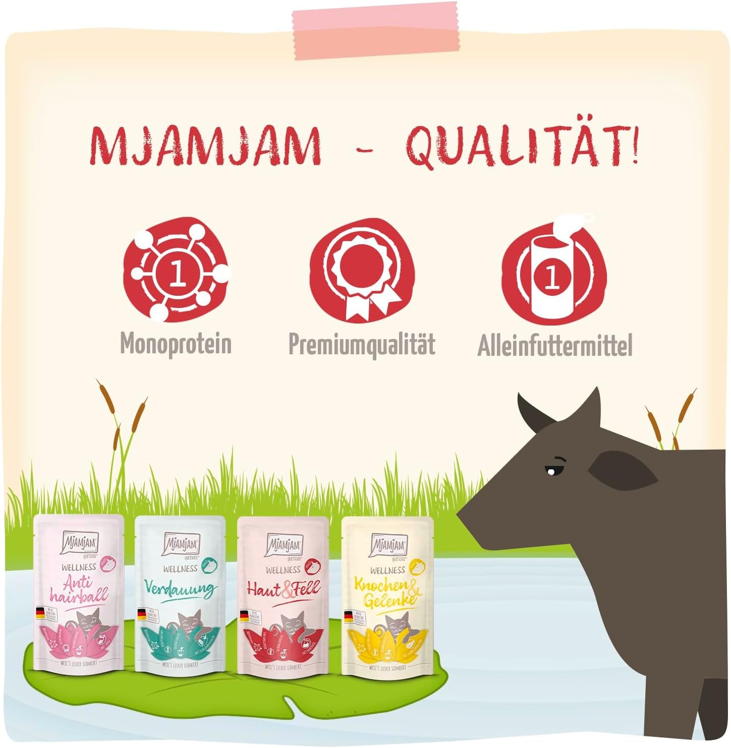 MjAMjAM – Hrană umedă premium pentru pisici - Pachet Wellness Vită, pachet de 12 (12 x 125g), fără cereale cu carne suplimentară