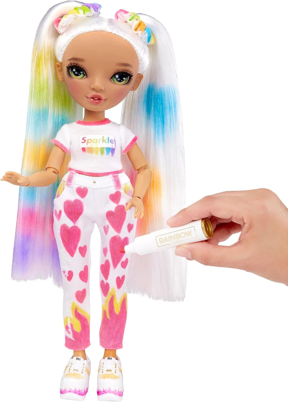 Rainbow High Color & Create DIY Modepuppe - Grüne Augen, Zöpfe, extra Top & Schuhe, abwaschbare Regenbogenstifte - Ausmalen, Gestalten, Spielen, Auswaschen - für Kinder von 4-12 Jahren und Sammler
