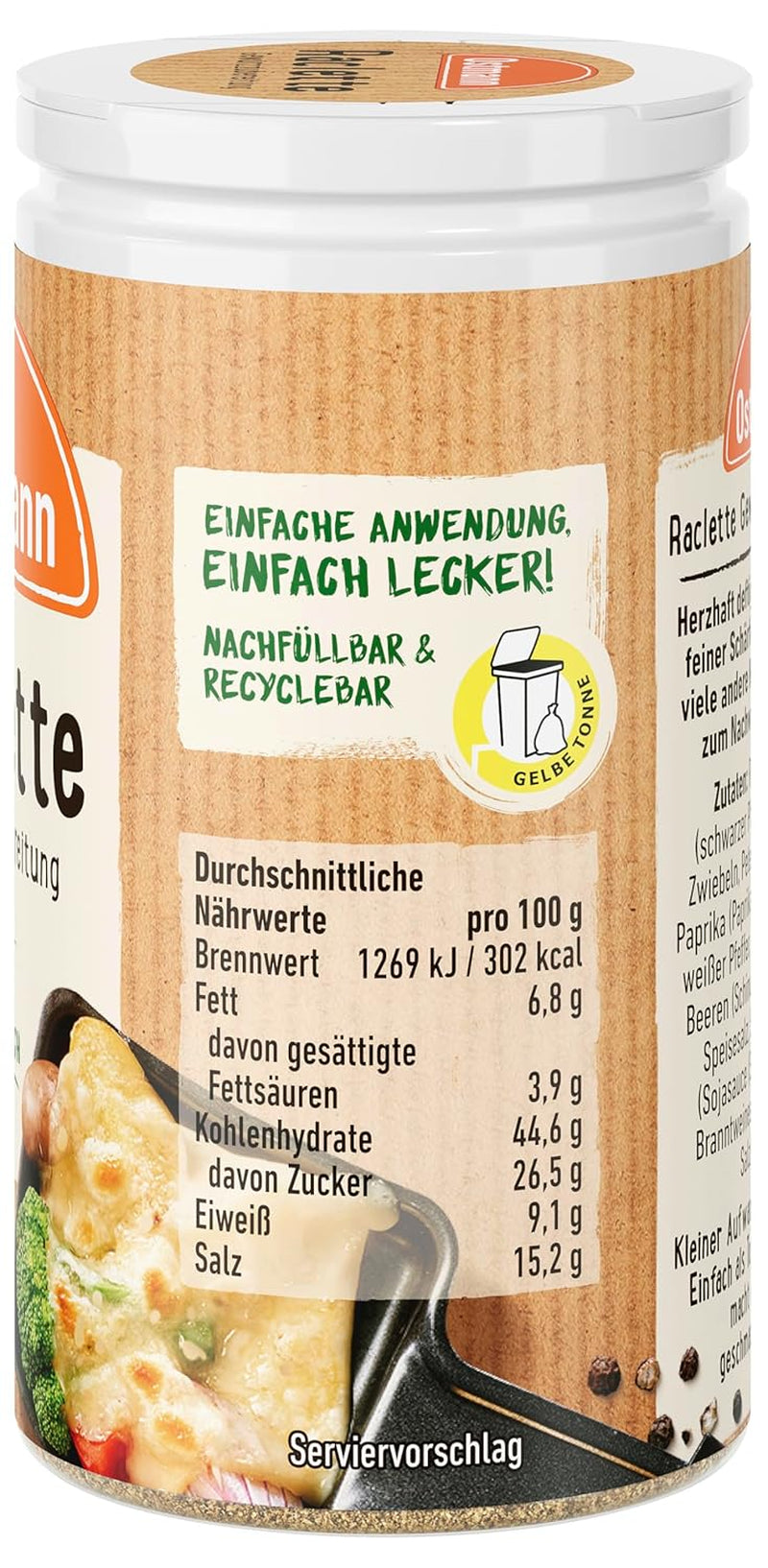 Ostmann Gewürze - Raclette Gewürzzubereitung | Zum Würzen von Käsegerichten | Recyclebare, nachfüllbare Streudose | 45 g Streuerben