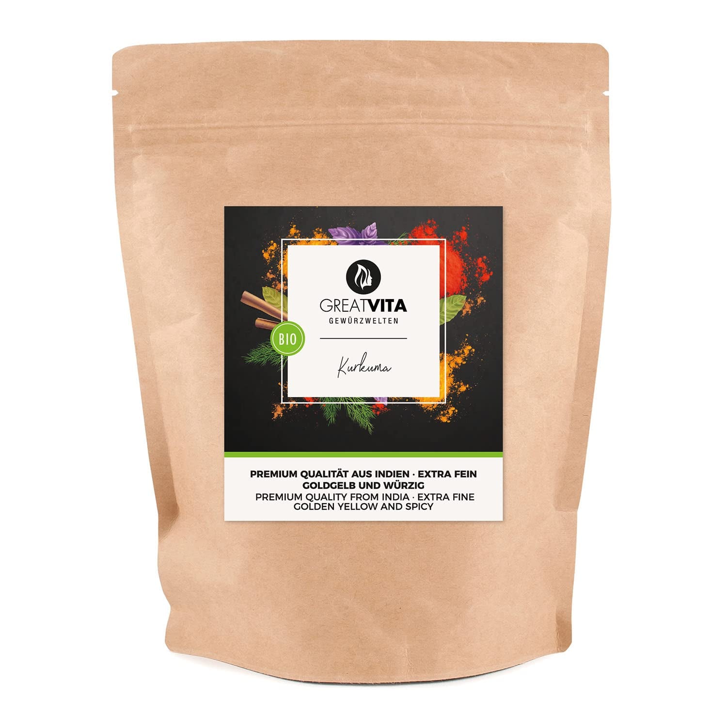 GreatVita Bio kurkumapor, 1000 g finomra őrölt, 100 százalékban természetes