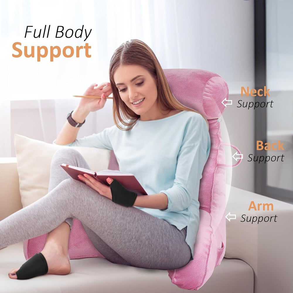 Pernă de citit XL pentru pat și canapea cu rolă detașabilă pentru gât, pernă ideală pentru spate pentru adulți cu spumă cu memorie pentru citit confortabil, lucru, joacă, vizionat la televizor, relaxare (roz)