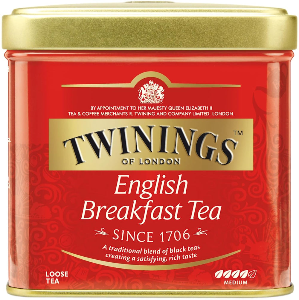 Twinings English Breakfast Tea Ceai negru vrac în cutie de ceai Ceai negru puternic din frunze de ceai de înaltă calitate culese din cele mai bune plantații de ceai din Sri Lanka și India G, neutru, 100 grame