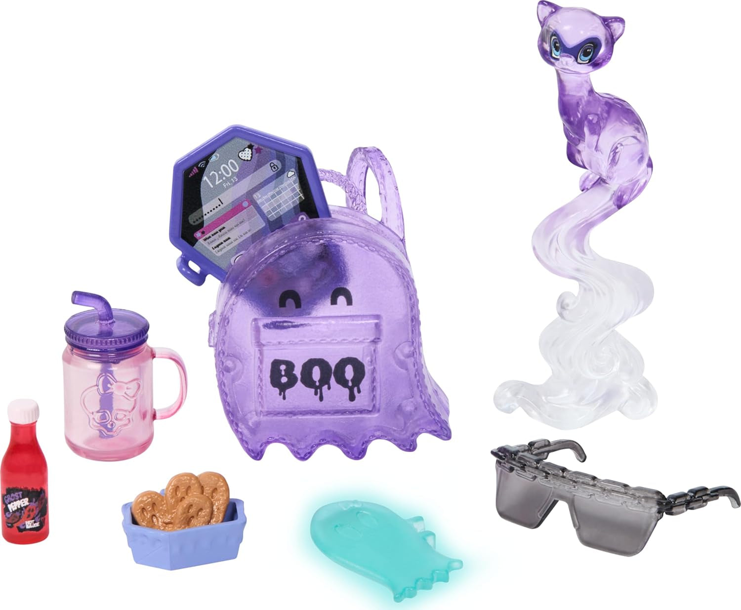 Monster High Spectra Vondergeist baba Rhuen Ferrettel és olyan kiegészítőkkel, mint a hátizsák, táblagép, snackek és egyebek, HXH77 Naty Shop babák