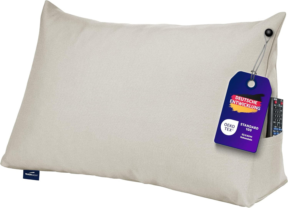 Pernă de citit Traumnacht Cozy Back Cushion, 70 x 40 cm gri închis, husă detașabilă și lavabilă din 100% poliester, buzunar lateral practic, certificată Oeko-Tex, produsă conform standardelor germane de calitate