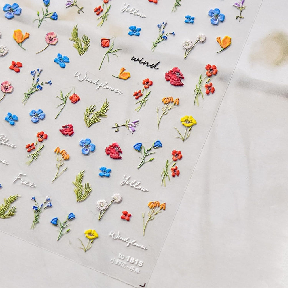 JMEOWIO 3D Nagelsticker Bunte Blumen Nail Art Sticker Selbstklebend Nagelaufkleber 5D Stereoskopisch Frühlings Sommer Blumen Dekoration Nageldesign Zubehör 2 Blatt