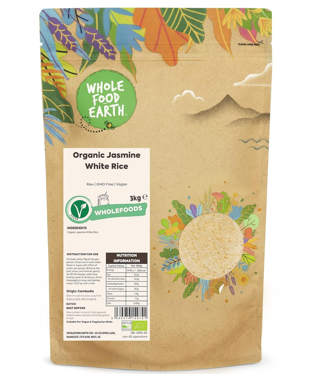 Fehér rizs jázminnal Wholefood Earth Organic 3kg Nyers | Nem GMO | Vegán | Rostforrás | Tanúsított bio