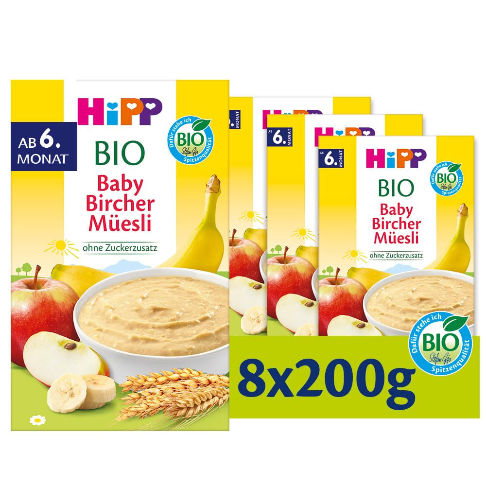 HiPP Organic Baby Bircher müzli (8 x 250 g), 6 hónapos kortól, hozzáadott cukor nélkül, extra puha gabonapehely - könnyen emészthető reggeli a legjobb bio minőségben
