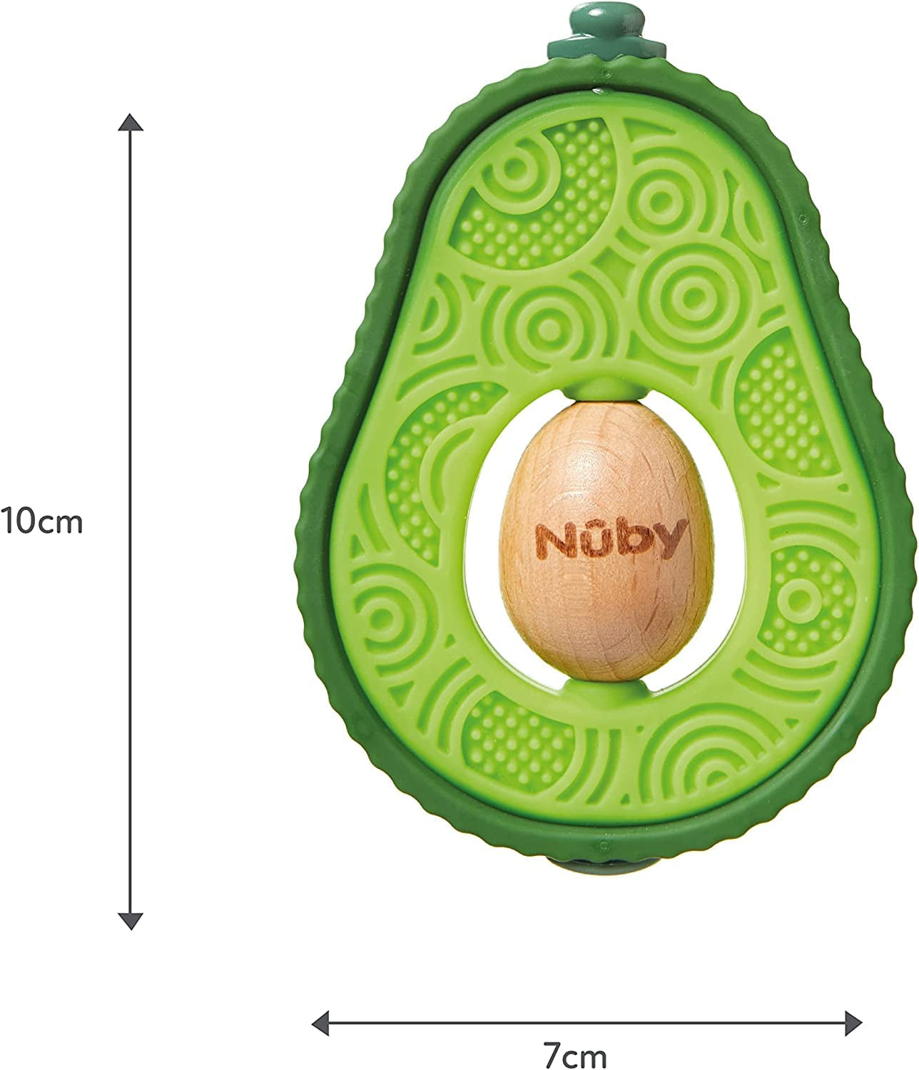 Nuby - Inel de dentiție „Avocado” - Jucărie de dentiție din silicon și lemn - Miez rotativ din lemn - Jucărie de dentiție pentru bebeluși și copii mici - Ajutor pentru dentiție - Fără BPA - 6+ luni