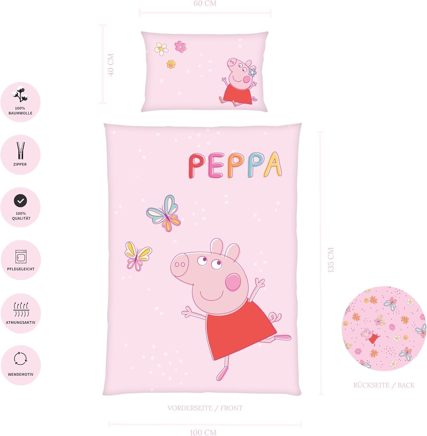 Peppa Pig gyerek ágyneműgarnitúra, 100 x 135 cm és 40 x 60 cm, pamut Ágynemű - gyermek Naty Shop