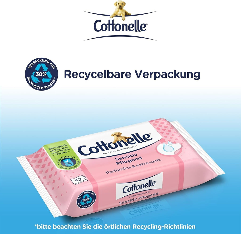 Șervețele umede, Sensitive Care - fără parfum, biodegradabilă, fără plastic, resigilabilă, pachet avantajos, 12 X 42 șervețele umede