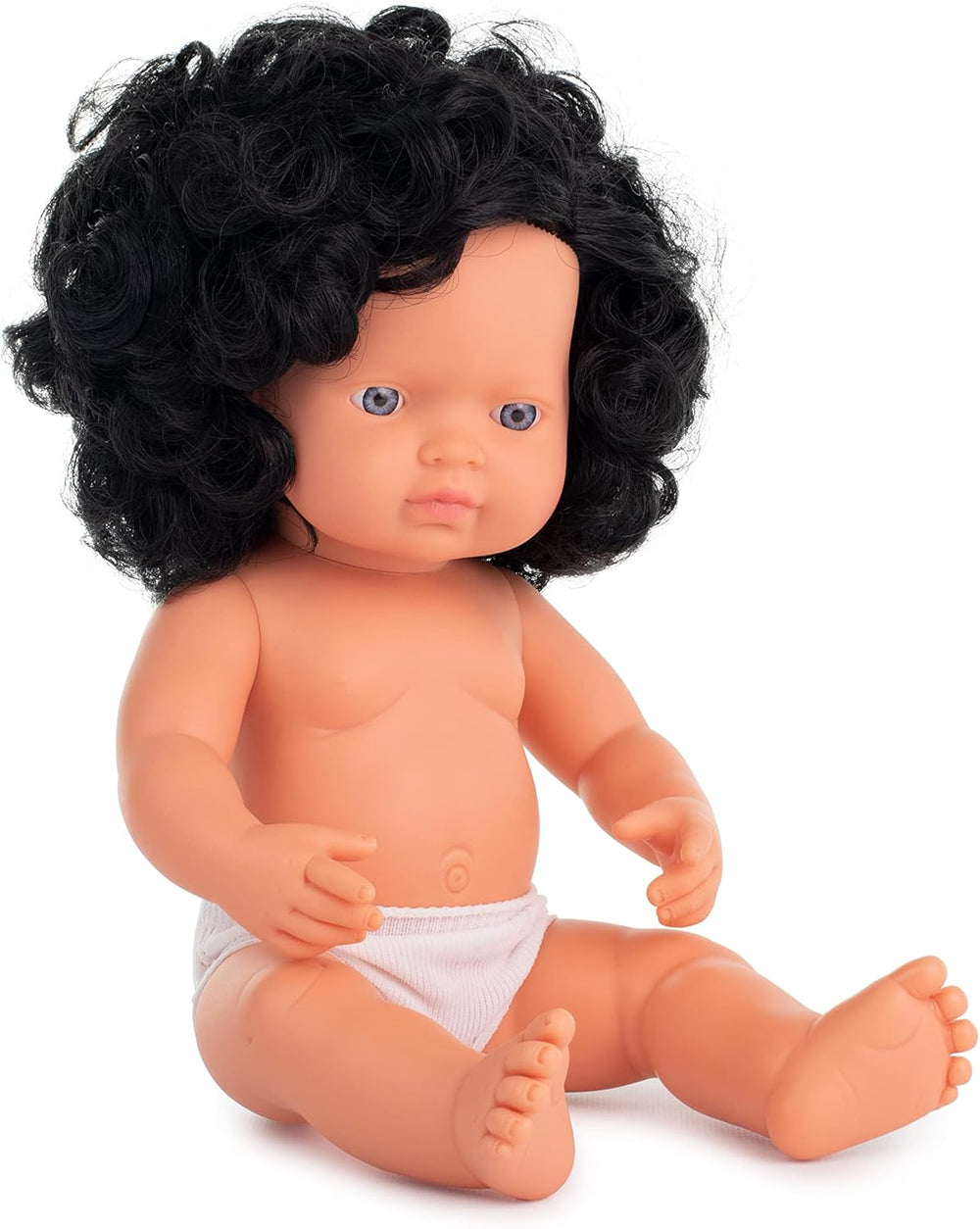 Miniland Dolls: europäische Babypuppe Mädchen mit schwarzen Locken, 38 cm, aus weichem vinyl, átlátszó Tüte. (31232)