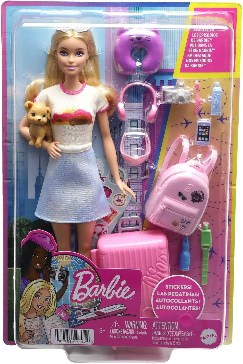 Păpușă Barbie, Travel Barbie cu păr blond, 10+ accesorii de călătorie, autocolante, valiză, cățeluș, incl. 1 păpușă, cadou pentru copii, jucărie de la 3 ani,Hjy18 Papusi Naty Shop
