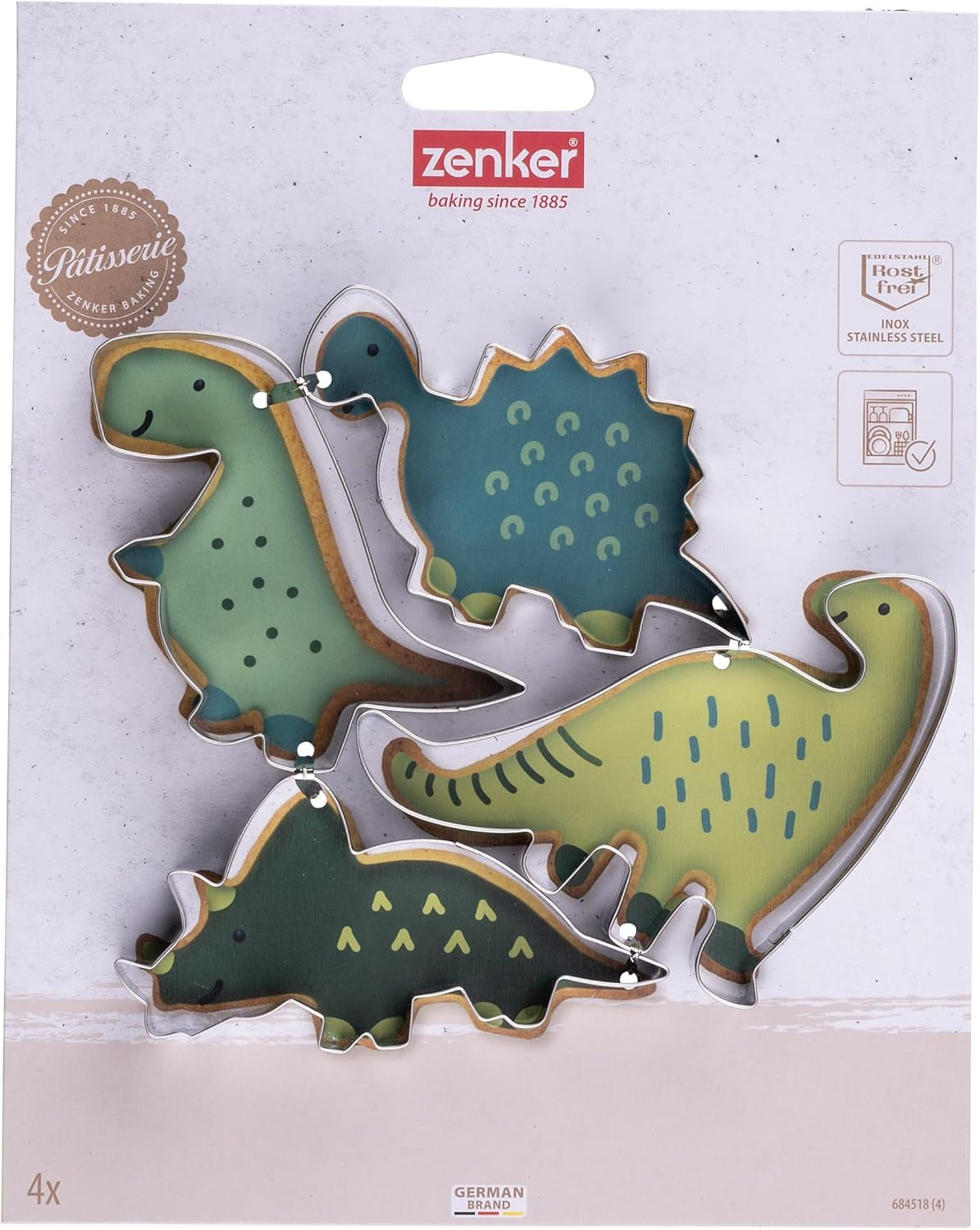 Set de forme de biscuiți Zenker cu dinozauri din oțel inoxidabil, 4 piese – Perfect pentru sesiuni creative de copt cu copiii, lavabil în mașina de spălat vase, design modern cu dinozauri, argintiu