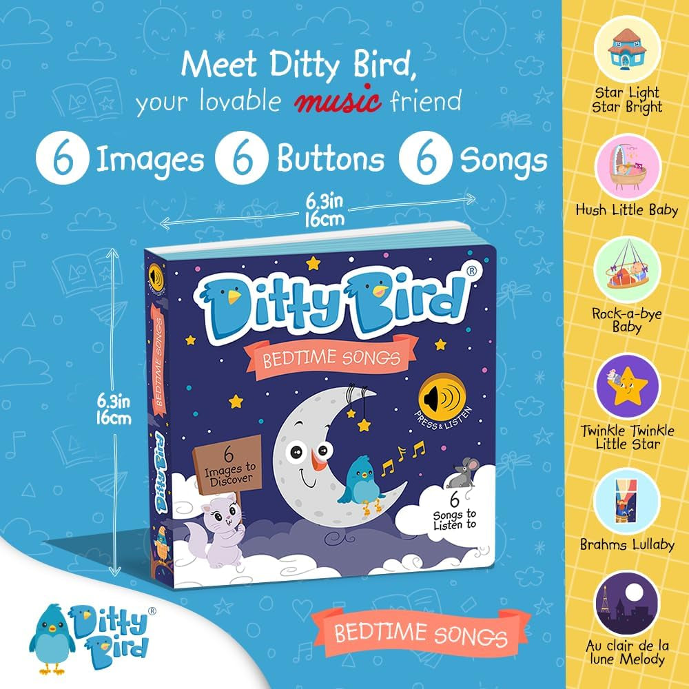 DITTY BIRD Baby Bedtime Songs - Jucărie pentru copii cu 6 butoane sonore pentru învățarea limbii engleze. Cântec de leagăn interactiv perfect pentru copiii bilingvi de la vârsta de 1 an. Jucarii Bebe Naty Shop
