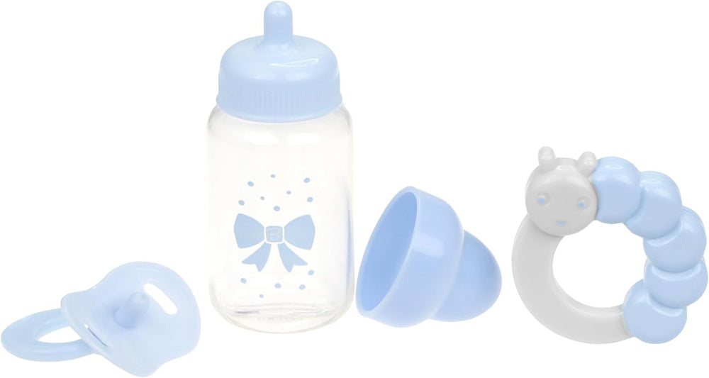 JC Toys- Set de 3 accesorios para muñecas (biberón, chupete y sonajero), rosa y Blanco, se adapta a todas las muñecas de Hasta 50 cm, +2 años