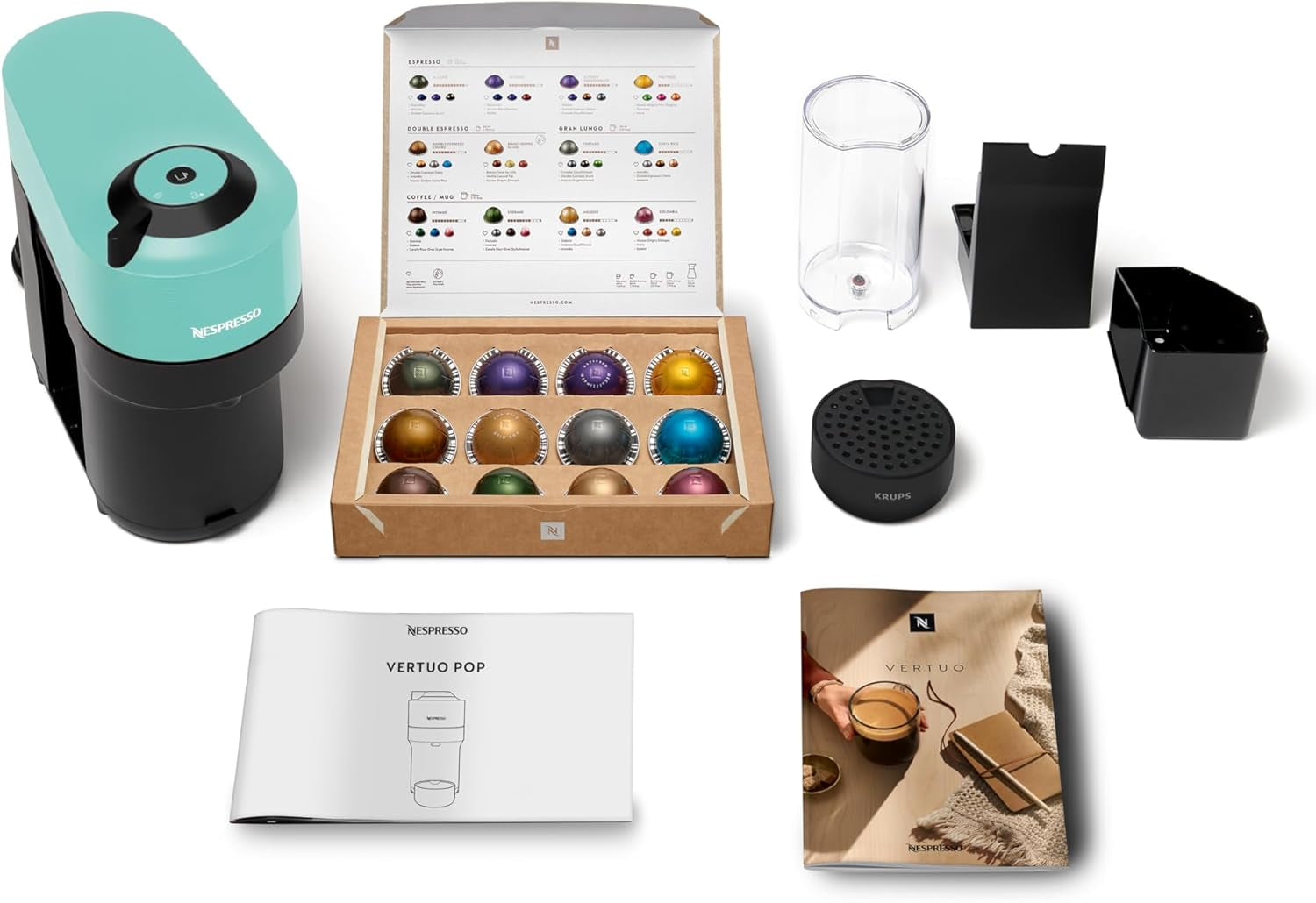 Espressor cu capsule Nespresso Krups Vertuo Pop, capacitate: 560 ml, recunoaștere automată a capsulelor, sistem one-touch, 4 dimensiuni de cești, timp de încălzire scurtat, sustenabil, Aqua Mint, XN9204