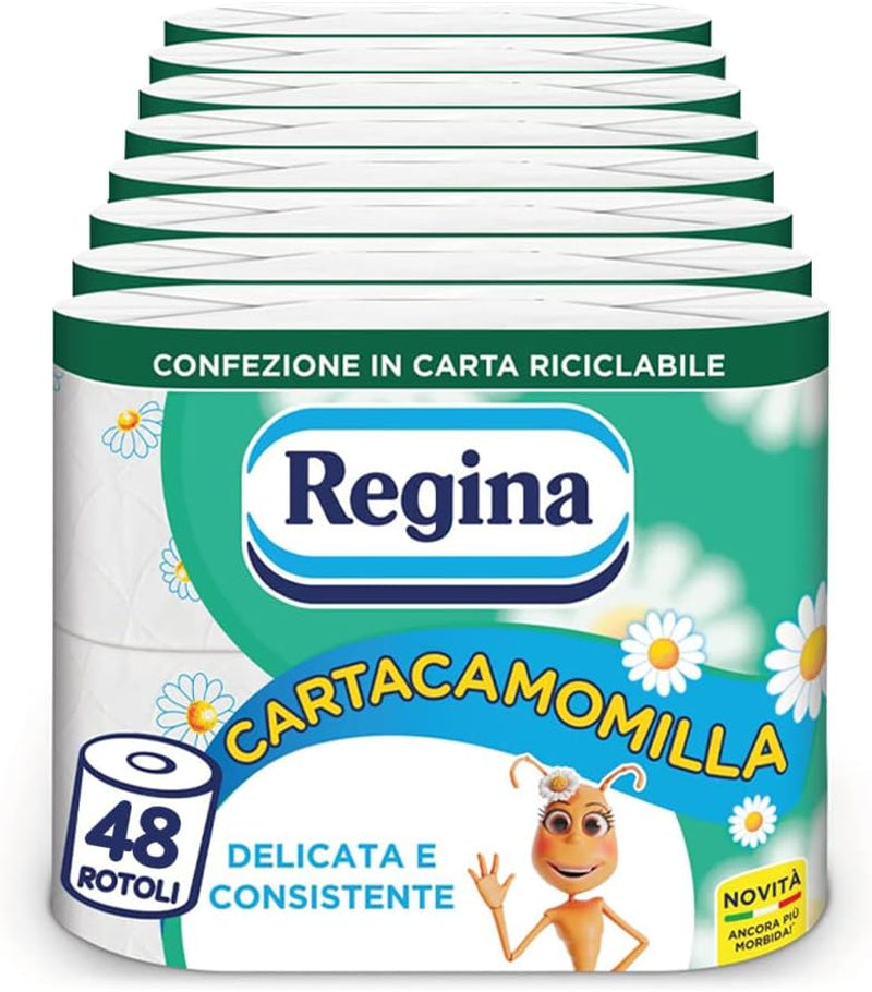 Regina Cartacamomilla - 8 role hârtie igienică, 300 foi pufoase, 3 straturi, moale și consistentă, ambalaj din hârtie reciclabilă