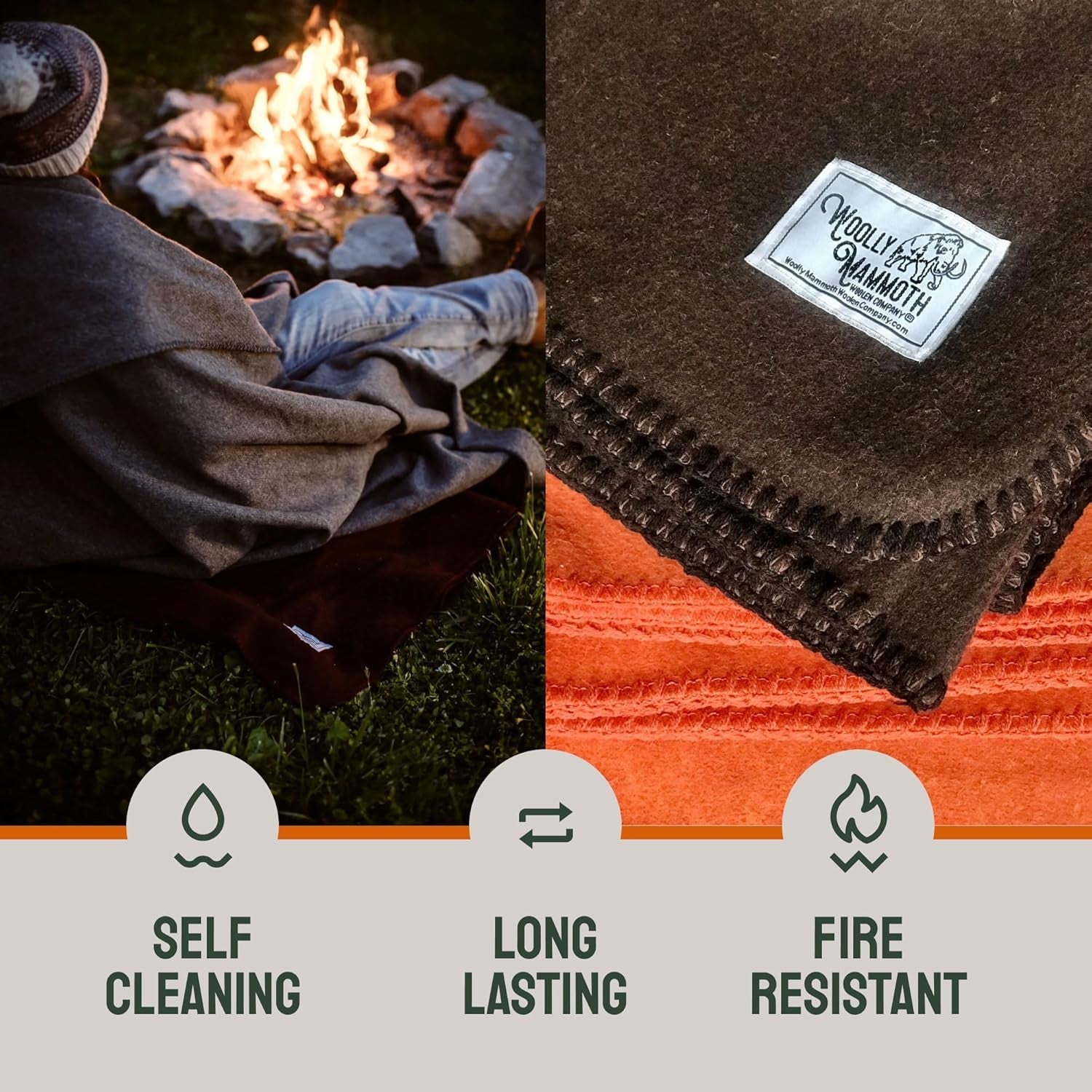 Woolly Mammoth Woolen Co. pătură de camping, extra mare, lână merino, Echipamentul perfect în aer liber pentru bushcraft, camping, trekking, drumeții, supraviețuire sau pătură în cabană. Maro, 168 X 228 Paturi si Cuverturi Woolly Mammoth Woolen Company