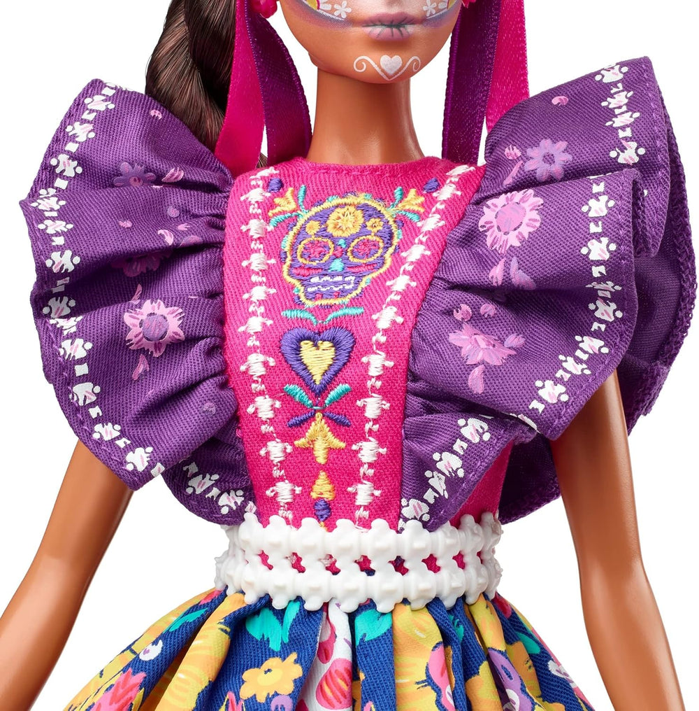 Păpușă Barbie 2022 Día De Muertos cu rochie tradițională cu volane, coroană de flori și vopsea facială Calavera, cadou pentru colecționari