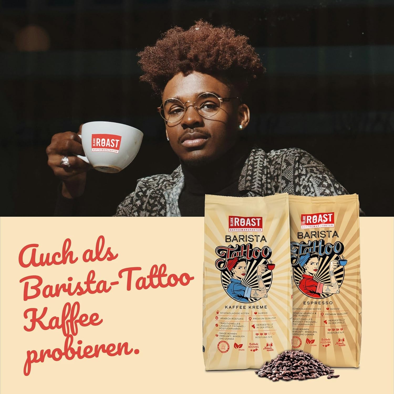 BLANK ROAST - Barista Tattoo Espresso - 1000g - im Langzeit Trommel-Röstverfahren geröstet - Bohnen aus den besten Anbaugebieten - Premium Arabica & Edel Robusta - schokoladig & nussig - säurearm