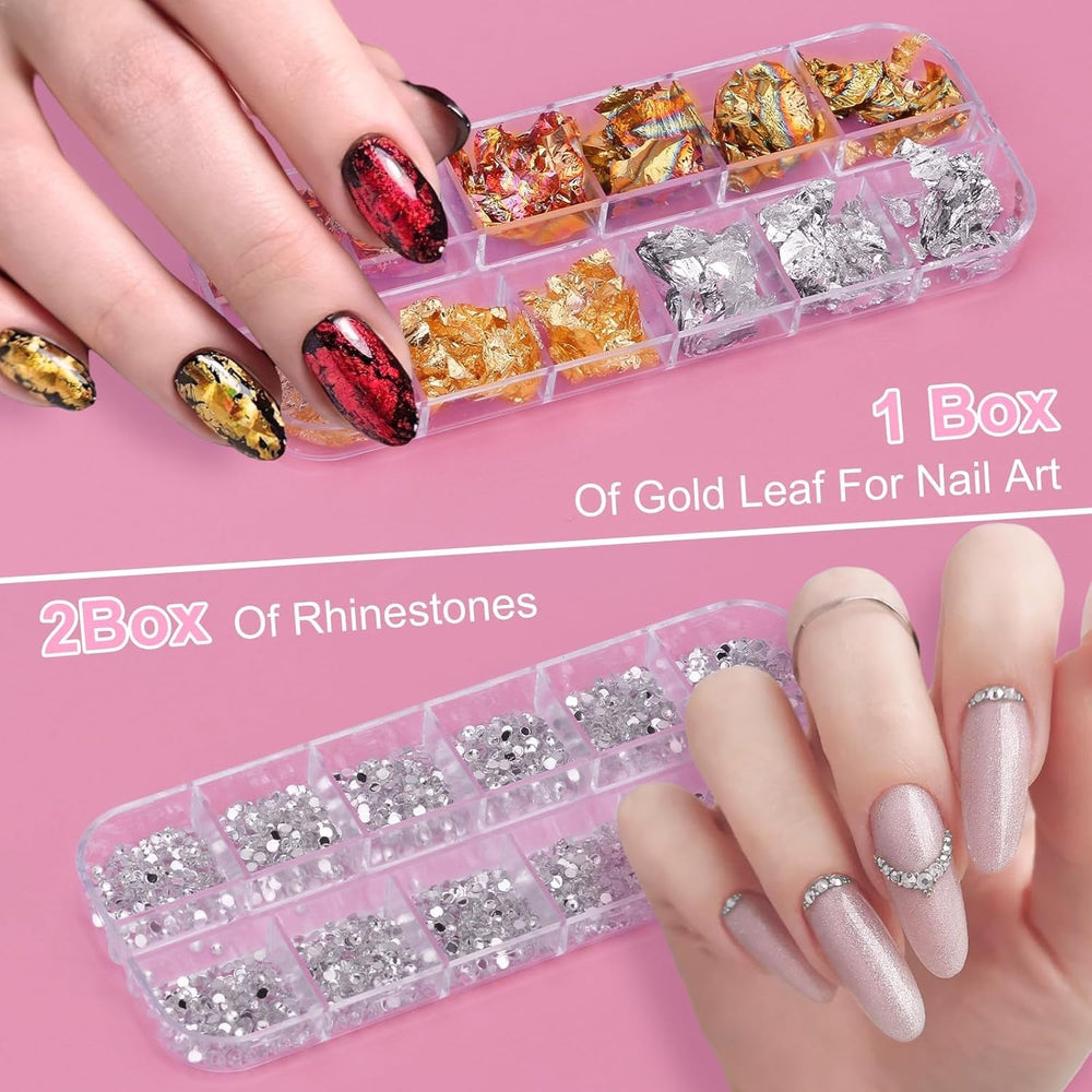 53 Blätter Nagelsticker, Nail Art Pinsel Und Dekorationen Set, 15 PCS Pinsel, 5 PCS Dotted Pens, Strasssteine, Blattgold Für Nagelkunst, Nagel Pailletten, Nagelkunstwerkzeuge Und Dekorationssets