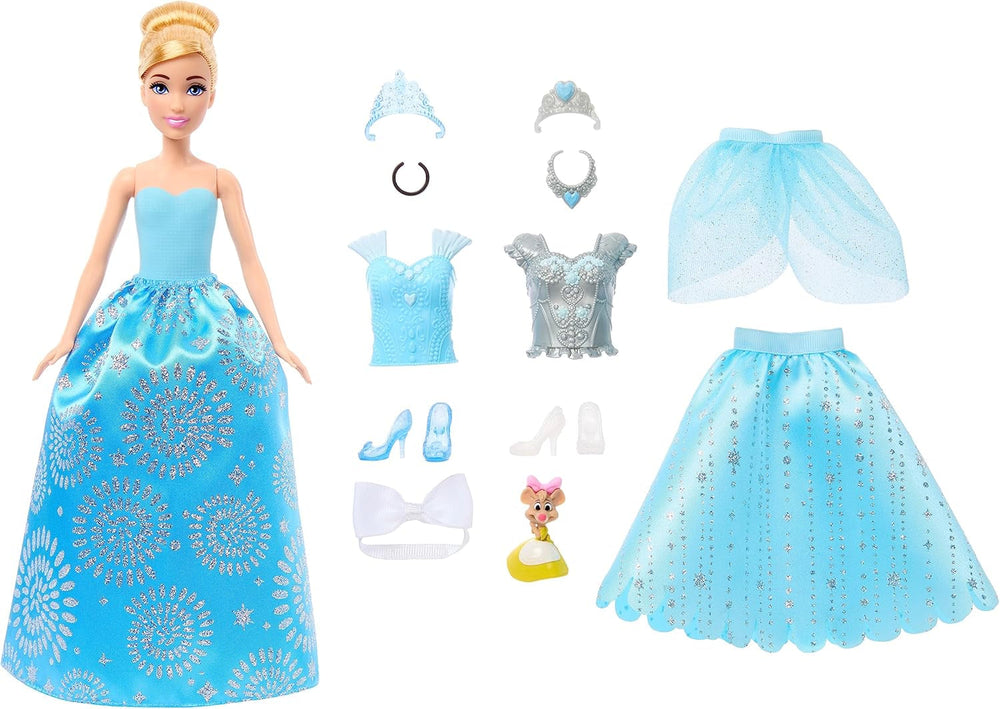 Disney Prinzessin-Spielzeug, Cinderella-Modepuppe mit Freundefigur und 12 geheimen Mode- und Zubehörteilen, inspiriert vom Disney-Film, Geschenke für Kinder