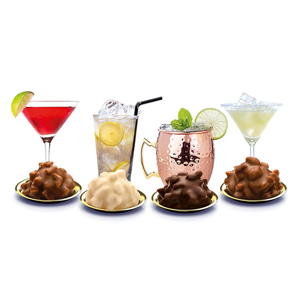 Edle Tropfen în Nuss Vodka Lounge 100g, praline de ciocolată umplute cu lichid, cu glazură de ciocolată cu lapte și bucăți crocante de alune de pădure