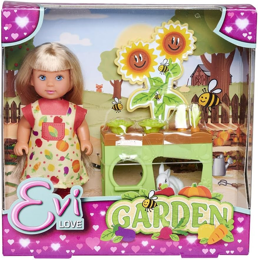 Simba Evi Love Garden, Puppe im Garten mit Hochbeet und Gemüse zum Ernten, inclusie kleinem Hasen, 12cm Spielpuppe, ab 3 Jahren