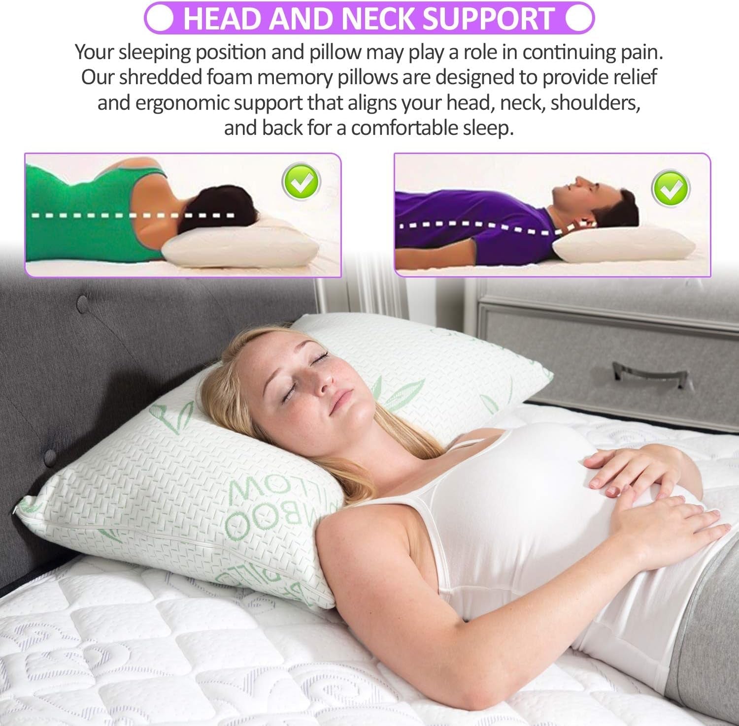 King Size 2 Pack Bamboo Pillow - Pernă de pat pentru dormit, reglabilă cu spumă de memorie mărunțită - spate, burtă, dormitor lateral, capac detașabil, răcire Hotel Down Alternative, King (2 bucăți) Perne standard Naty Shop