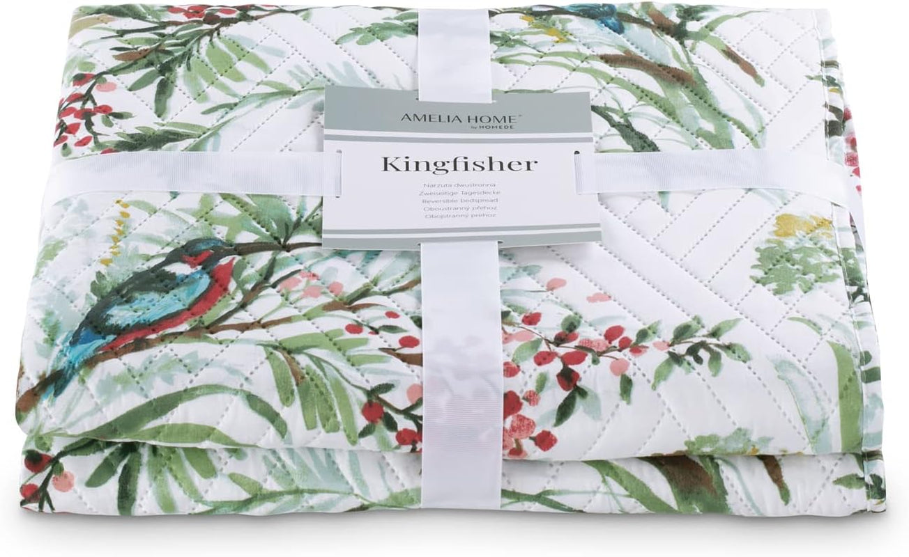 Ameliahome Cuvertură de pat Cuvertură de pat 260X280 Cm Două fețe Easy Care Quilting Model de plante Model de păsări Multicolor Kingfisher Paturi si Cuverturi Besuche den AmeliaHome-Store