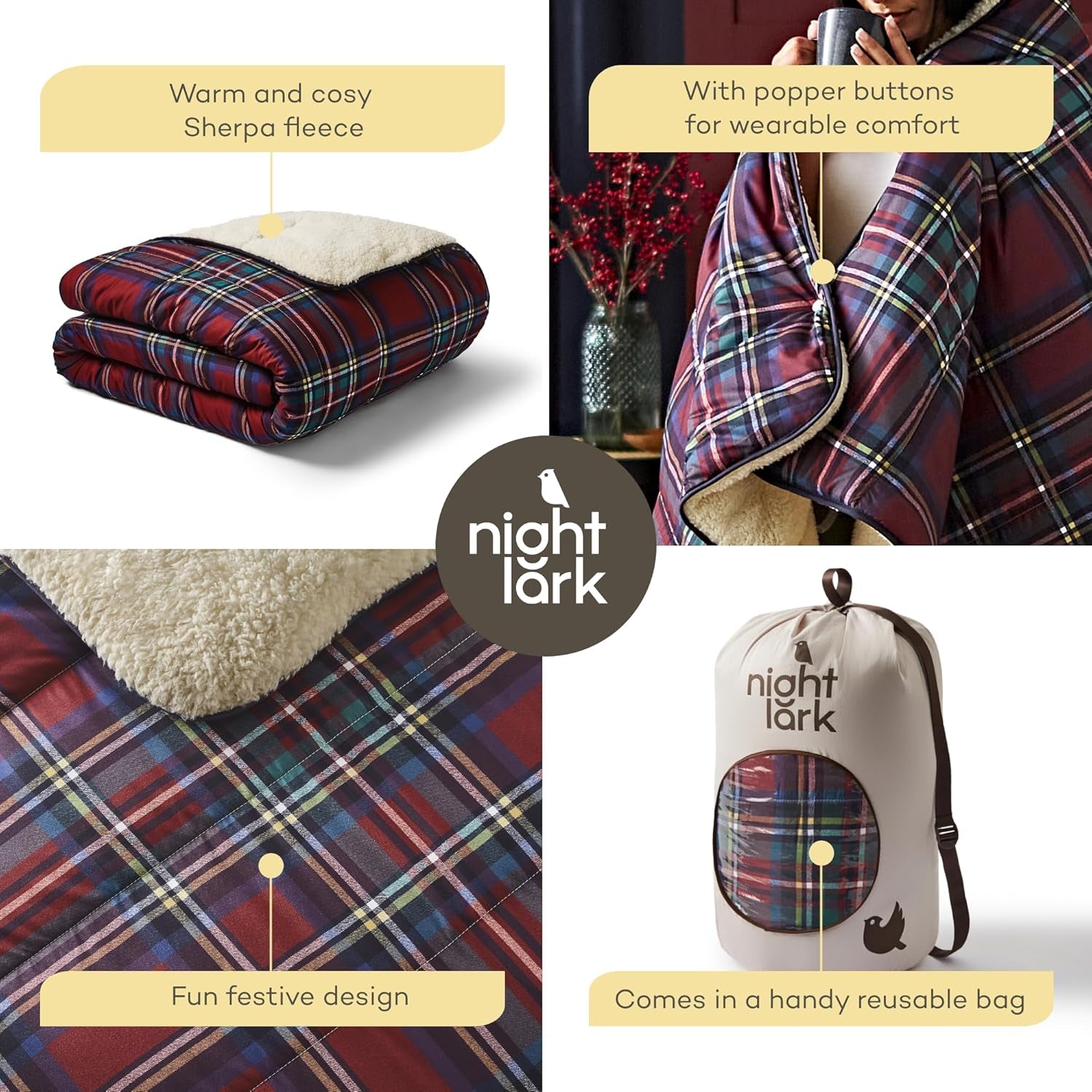 Night Lark Cosy Sherpa Fleece Blanket, Classic Red Tartan, 9 Tog, Luxurious, Fluffy, Thick And Reversible, Perfect pentru canapea, pat, canapea, canapea. Hipoalergenic, lavabil la mașină, Dimensiune: Paturi si Cuverturi Night Lark