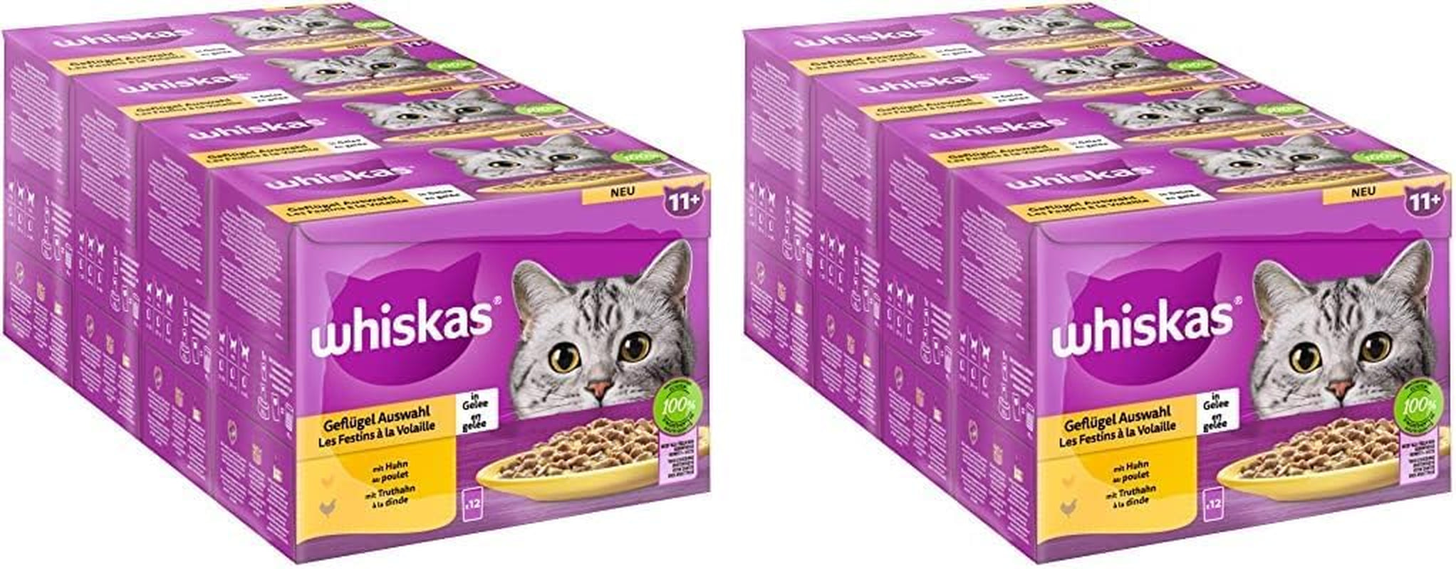 Hrană umedă pentru pisici Whiskas Adult 1+ Poultry selection in jelly, 120 pliculețe, 120X85G (1 pachet vrac) - Hrană umedă de înaltă calitate, Pentru pisici adulte