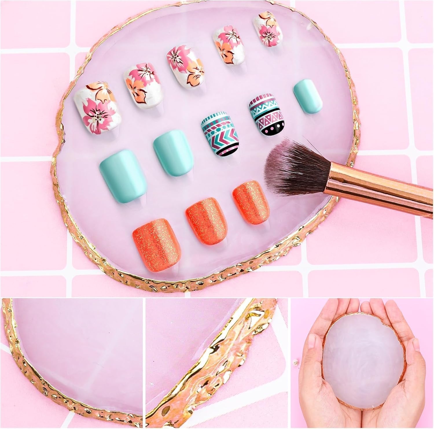 Harz Nail Art Palette,Maniküre Gemalt Palette,Goldener Rand Nagellackpalette,Nail Art Make up Paletten Display Fach Nagel DIY Zubehör(Weiß)