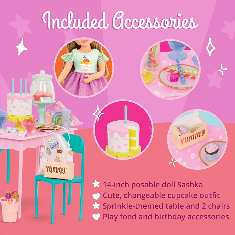 Glitter Girls - GG Surprise születésnapi parti szett és Sashka - Bewegliche 36 cm Puppe Sashka - Überraschungs-Geburtstagsparty-Szett - Tisch & Stühle Möbel - 3 Jahre +