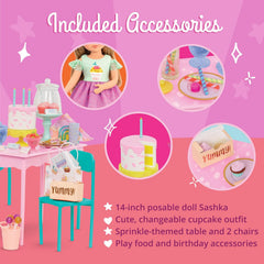 Glitter Girls - GG Surprise születésnapi parti szett és Sashka - Bewegliche 36 cm Puppe Sashka - Überraschungs-Geburtstagsparty-Szett - Tisch & Stühle Möbel - 3 Jahre +