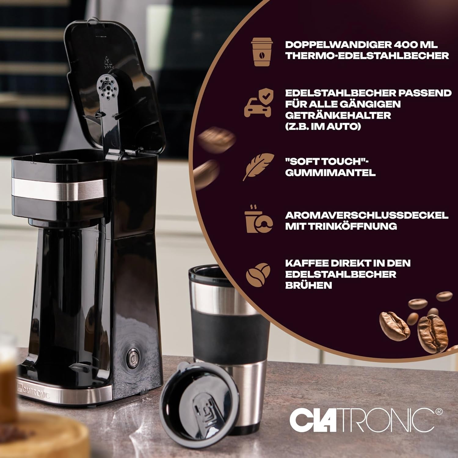 Espressor Clatronic | Cană de călătorie 400 ml | Compatibilă cu toate suporturile de pahare standard (de exemplu, pentru mașină) | Espressor cu filtru | Filtru permanent din nailon | Cană din oțel inoxidabil cu capac pentru aromă | KA 3733