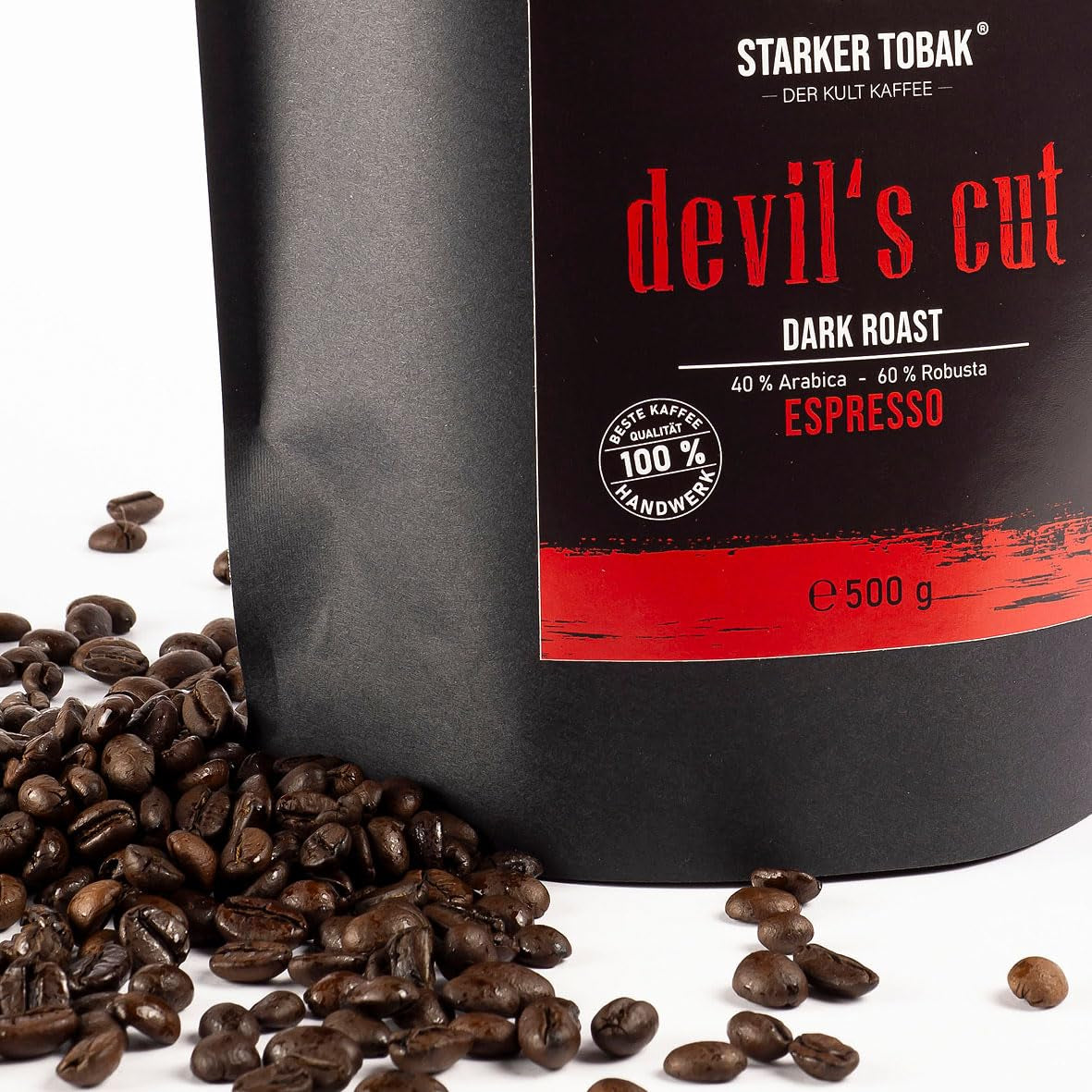 DEVIL'S CUT Espresso prăjit intens 500g, boabe întregi, 40% Arabica - 60% Robusta, proaspăt prăjit manual, aciditate subtilă - aromă puternică, ideal pentru Café Solo, Cortado, Galão, are gust de sărbătoare