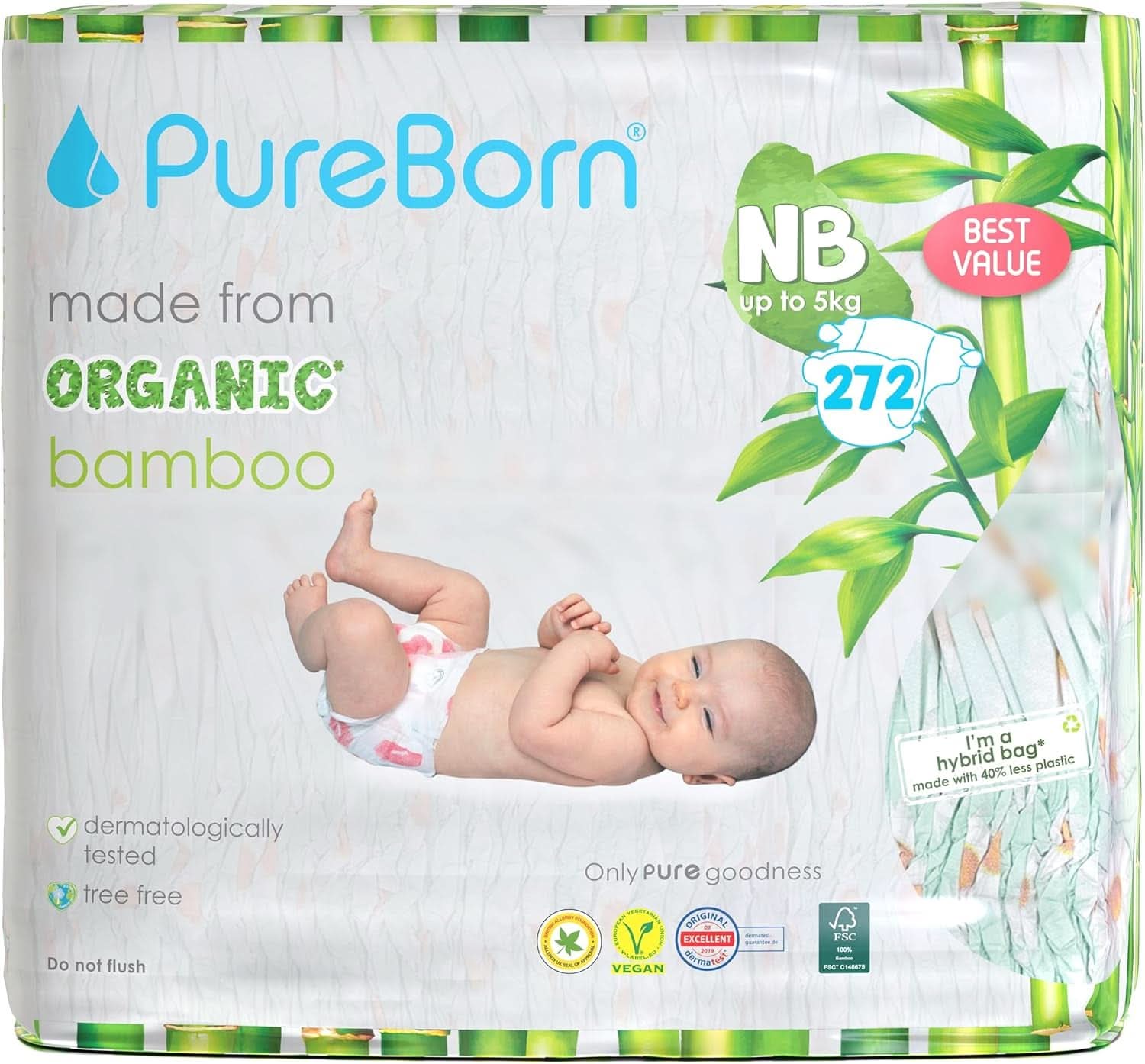 Pureborn Eco organikus bambusz pelenkák, újszülött méretű (5 kg-ig), környezetbarát, hipoallergén, ultrapuha, nedvességjelző, különféle minták, anya és baba bababolt újszülött (272 db)