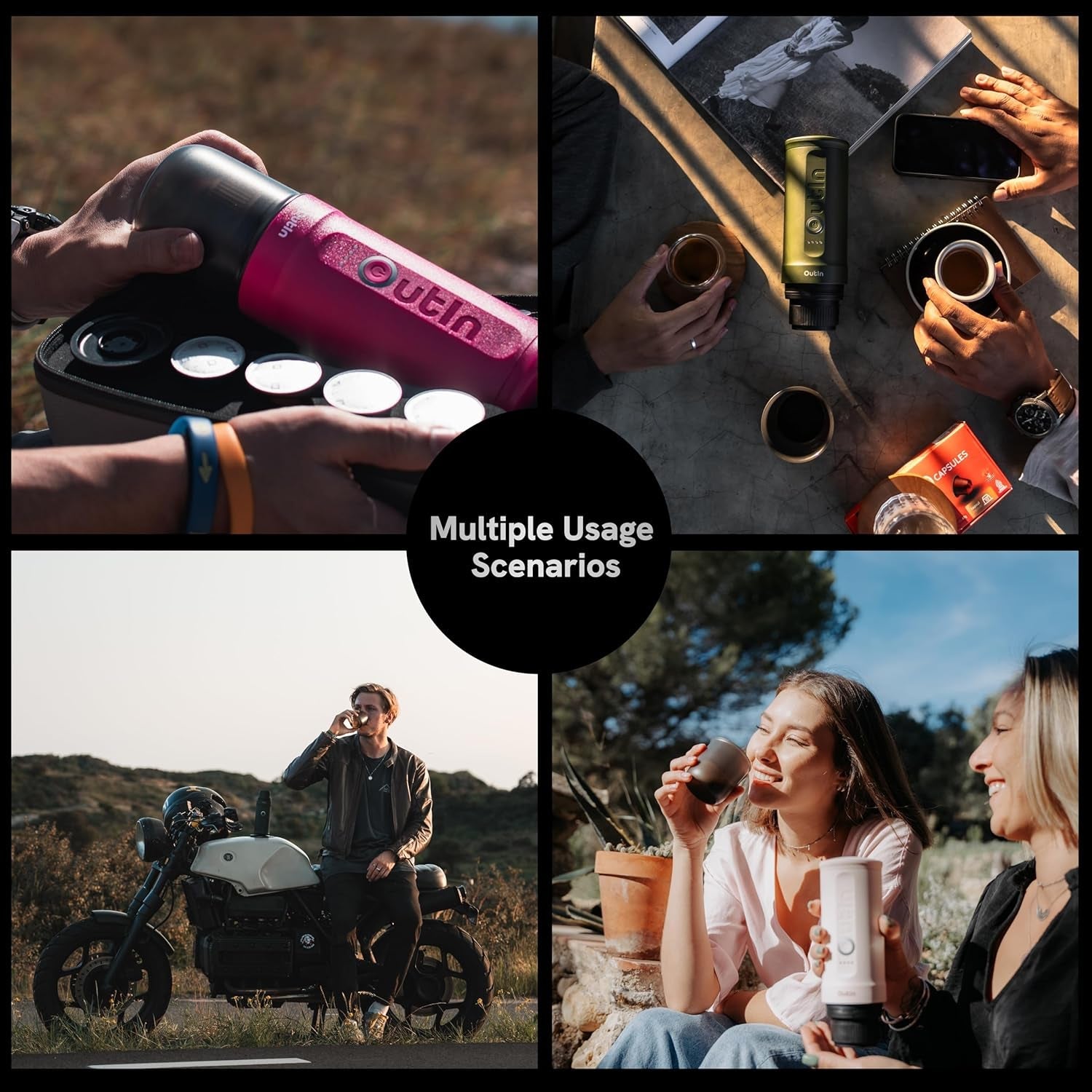 Espressor electric portabil OutIn Nano, aparat de cafea pentru camping, autoîncălzire cu USB-C, compatibil cu cafea măcinată și capsule NS