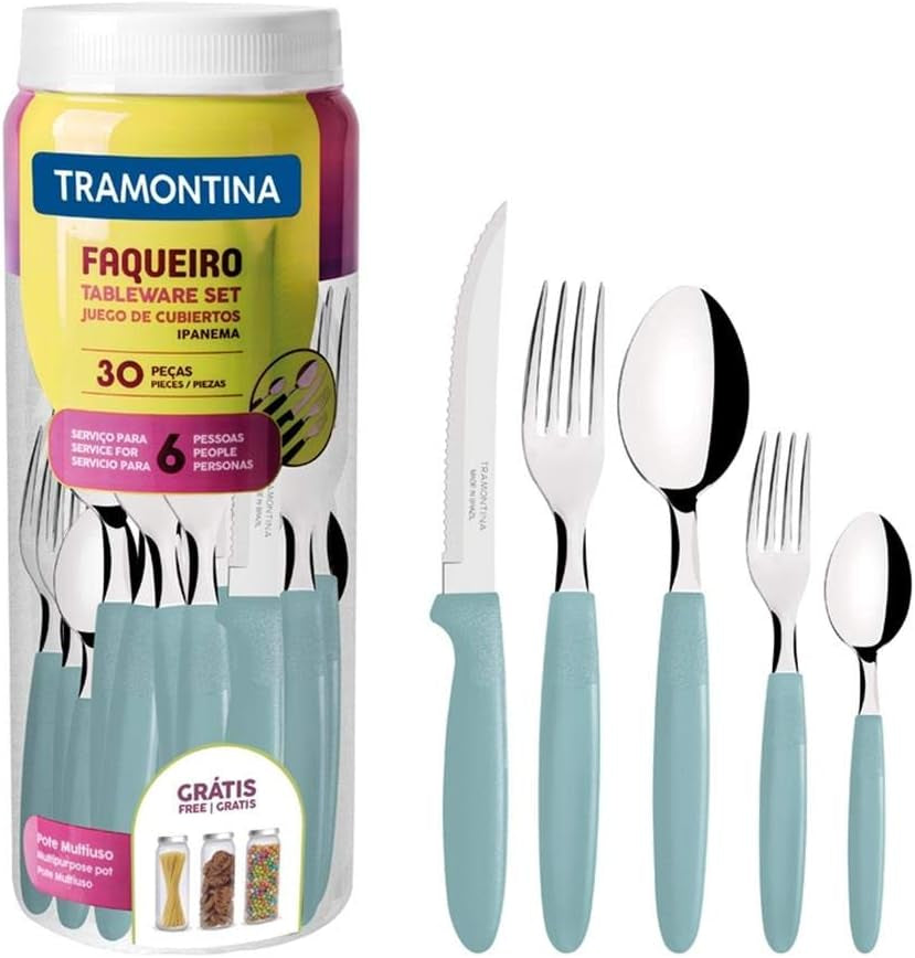 Set tacâmuri Tramontina Ipanema pentru 6 persoane, set 30 piese, oțel inoxidabil Bucatarie Naty Shop Albastru deschis
