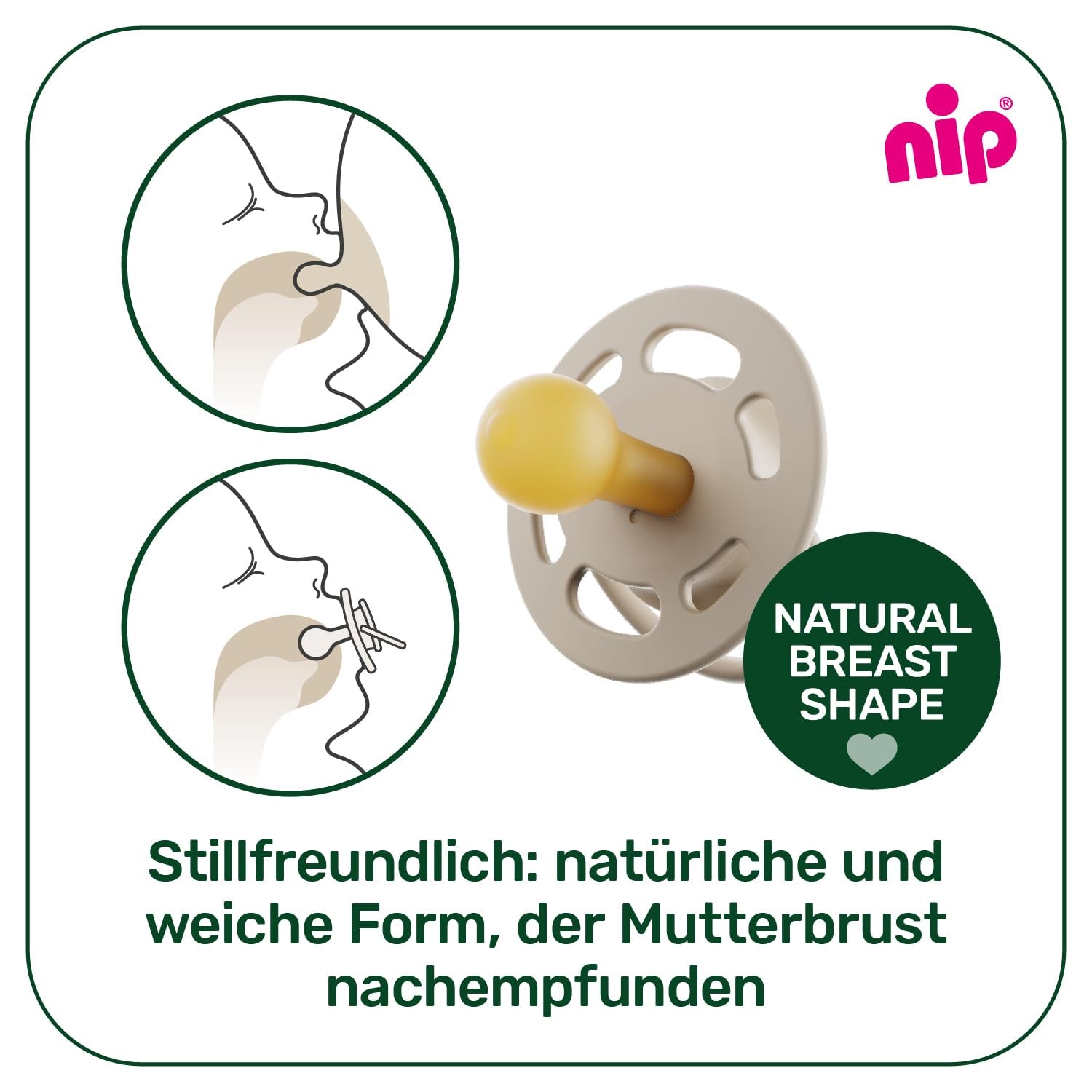 nip - Verde Cireș | 0-6 luni | Pachet de 4 | Suzetă pentru bebeluși, potrivită pentru alăptare și pentru dinți. Suzetă sustenabilă, fabricată din materii prime naturale, verde deschis/maro