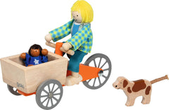 Lastenfahrrad mit 2 Biegepuppen und Hund: Lastenrad: 16 x 6,8 x 7,5 cm, Holz, Textil, 4 Teile, per Set, Braun