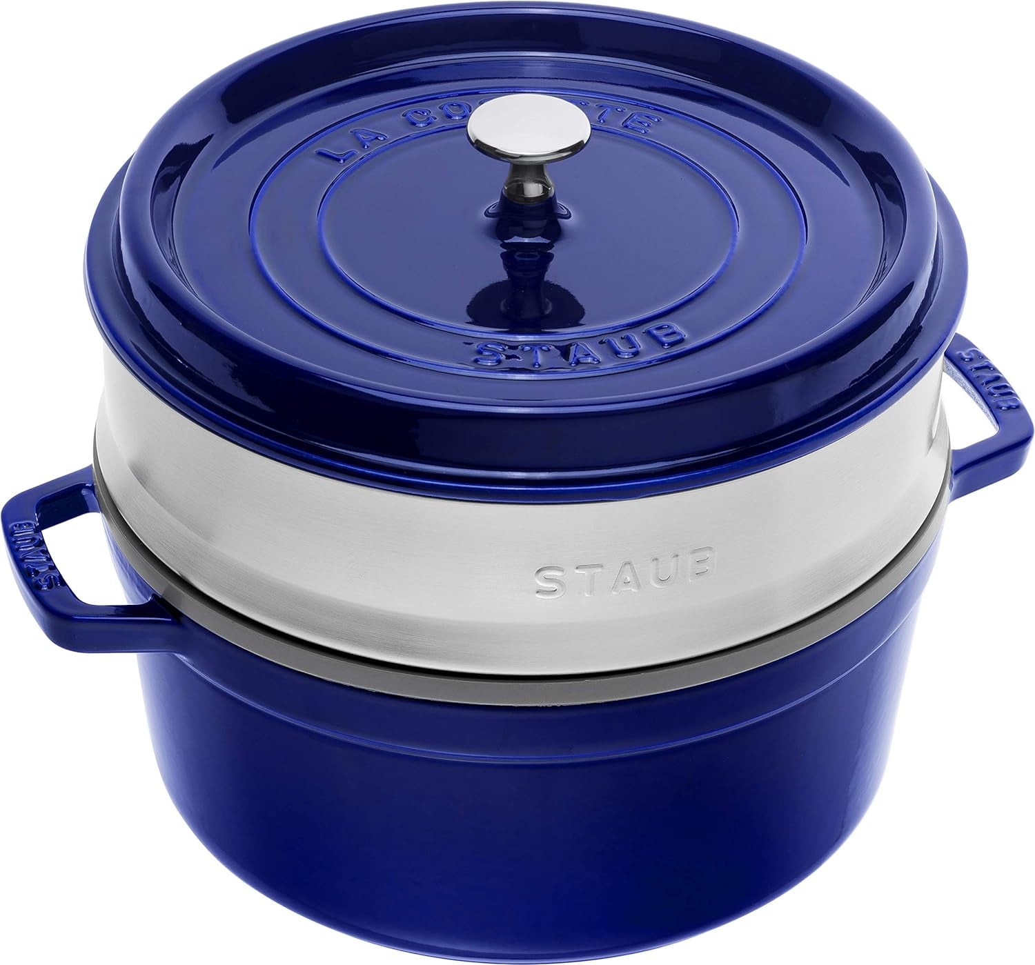 STAUB Gusseisen Bräter/Cocotte, Mit Dämpfeinsatz Aus Edelstahl, Rund 26 cm, 5,2 L, Aromaregen Funktion Für Optimale Befeuchtung, Für Alle Herdarten Inkl. Induktion & Backofen, Kirschrot, Rot Formák és tepsi Naty Shop Dunkelblau