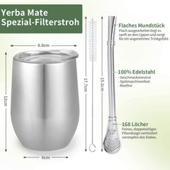 Cana modernă pentru mate 340 ml, set de căni pentru yerba mate din oțel inoxidabil cu pereți dubli izolați, cană pentru ceai mate cu capac fără BPA, bombillas și o perie de curățare (argintiu)