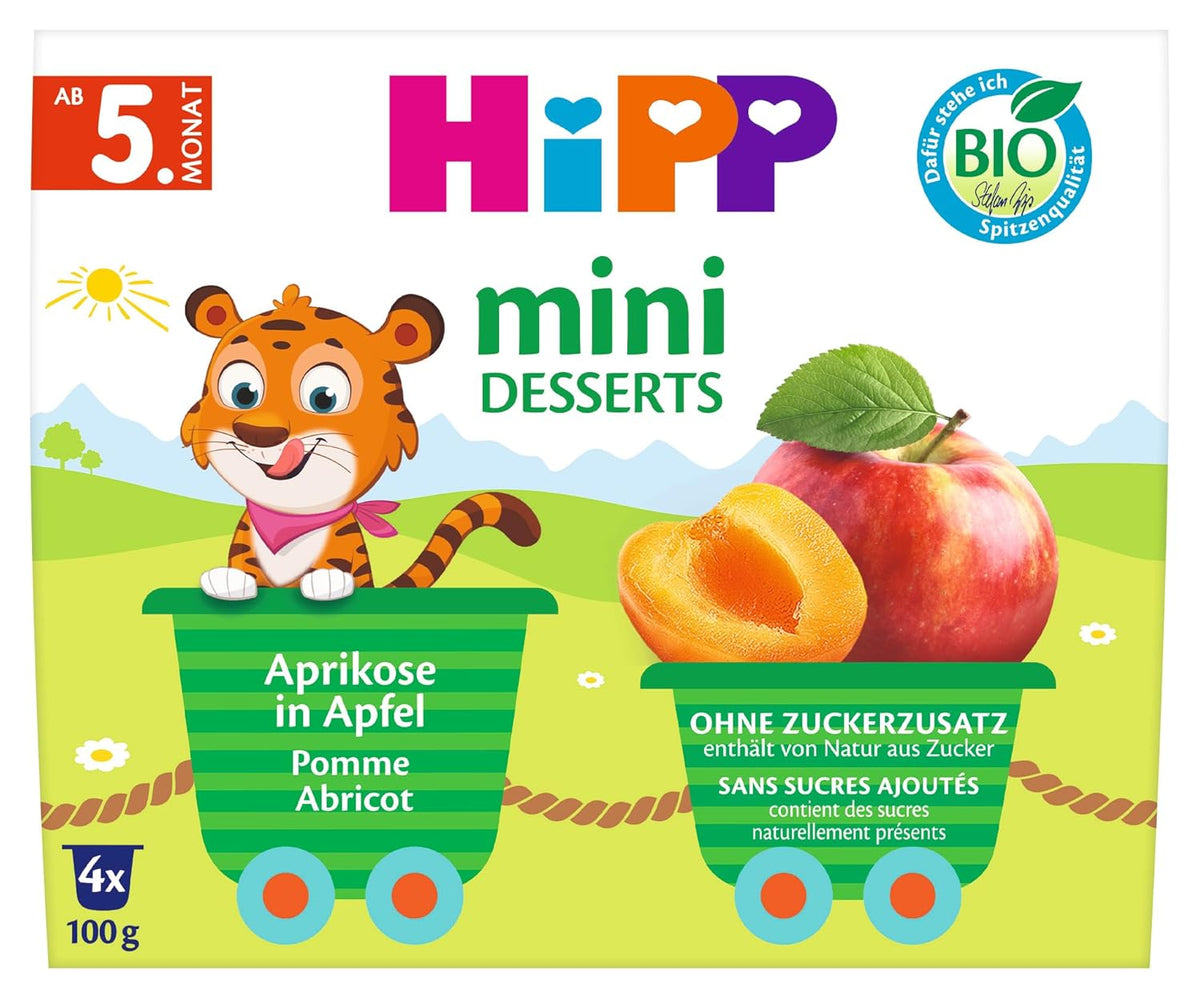 HiPP Organic Mini Desszert sárgabarackkal és almával (6 x 4 x 100 g-os kiszerelés), 5 hónapos kortól, praktikus csészékben, hozzáadott cukor nélkül, legjobb bio minőség
