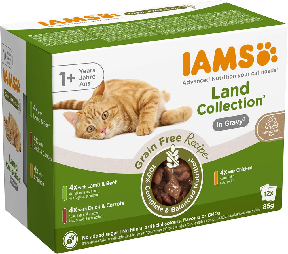 IAMS Delights Land Collection Hrană umedă pentru pisici fără cereale - Pachet multiplu cu varietăți de carne în sos, hrană umedă fără cereale pentru pisici de la 1 an, 12 x 85 g