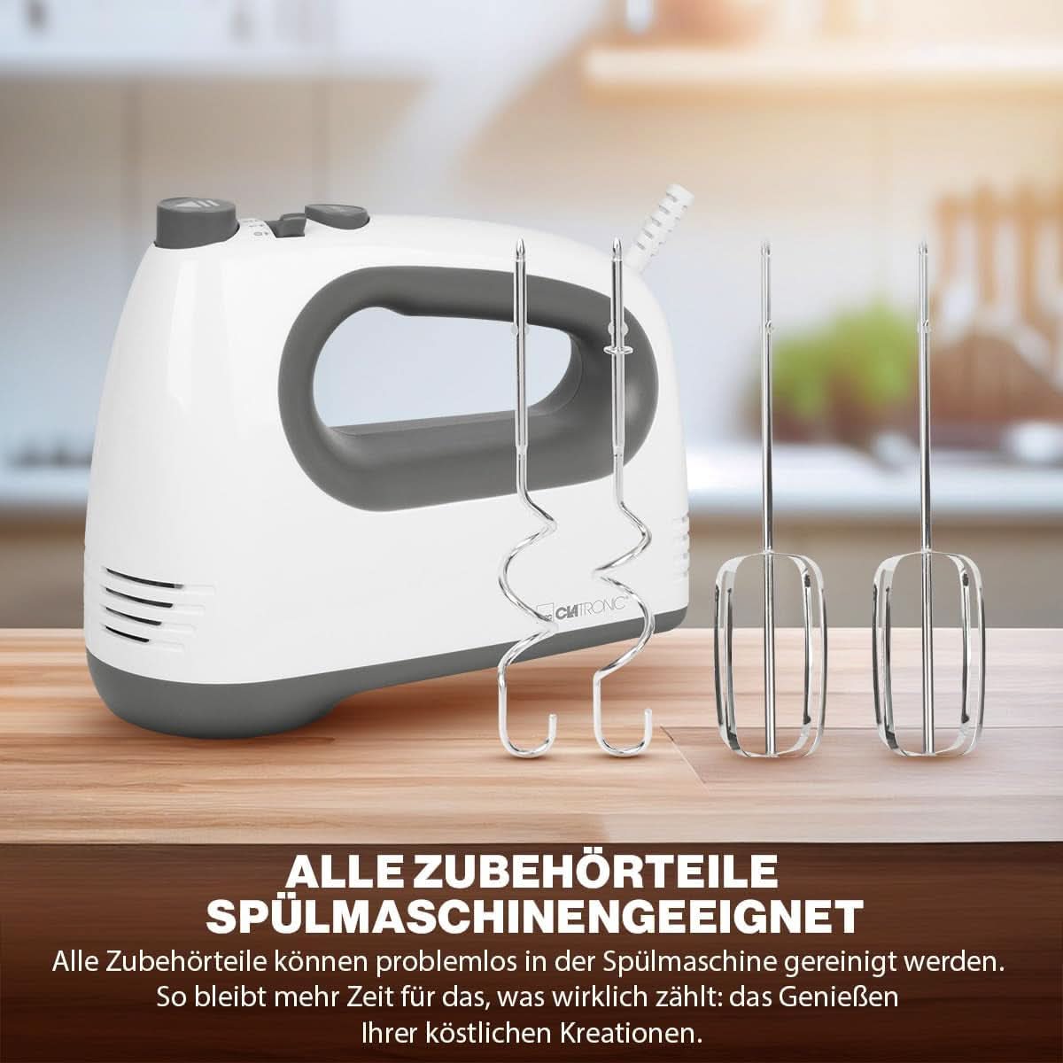 Clatronic Mixer | Kraftvoller 400 Watt-Motor | Kézi mixer | Turbostufe & 5 Geschwindigkeitsstufen | Kézi mixer | Spülmaschinengeeignete Edelstahlquirle Und -Knethaken | HM 3775 Kitchen Naty Shop